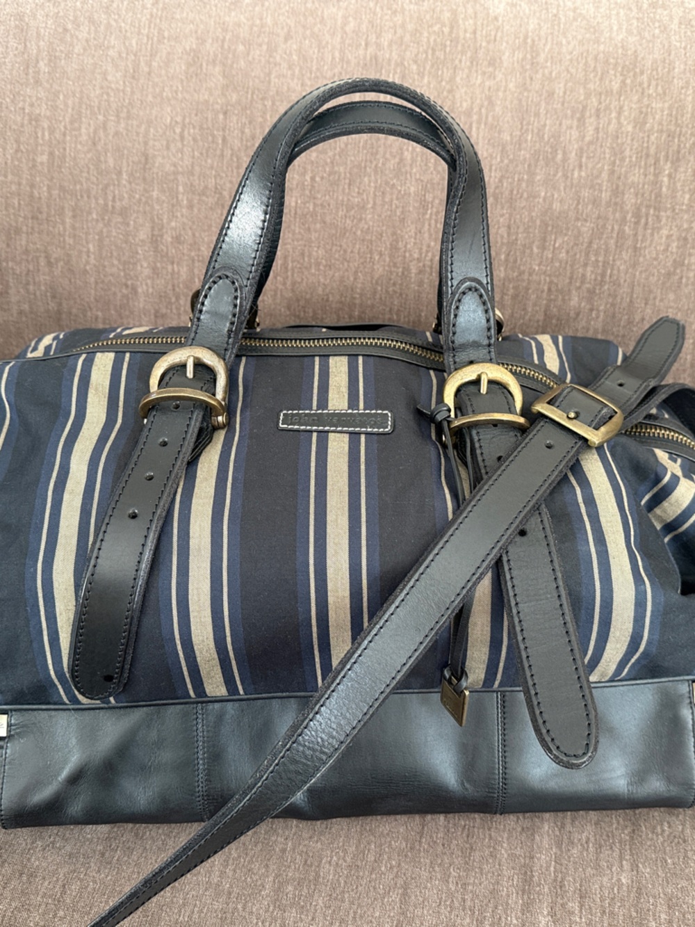 John Varvatos Navy and Tan Striped Leather-Trim Duffel